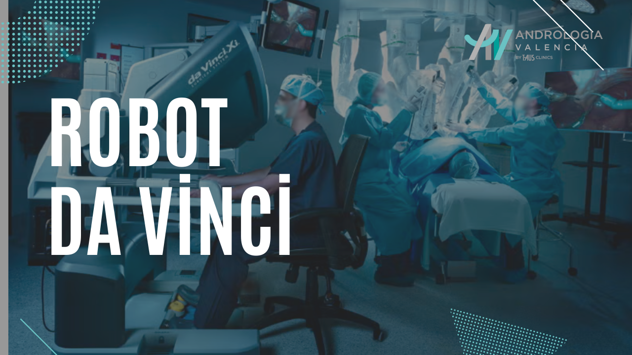 Un cirujano en Andrología Valencia opera con el Robot Da Vinci durante una prostatectomía radical para el tratamiento del cáncer de próstata. El médico está sentado frente a una consola, controlando los brazos robóticos que realizan movimientos precisos en el paciente. La imagen muestra la interfaz de alta definición y la visión 3D que ofrece el sistema, permitiendo una intervención con alta precisión y mínimas incisiones.